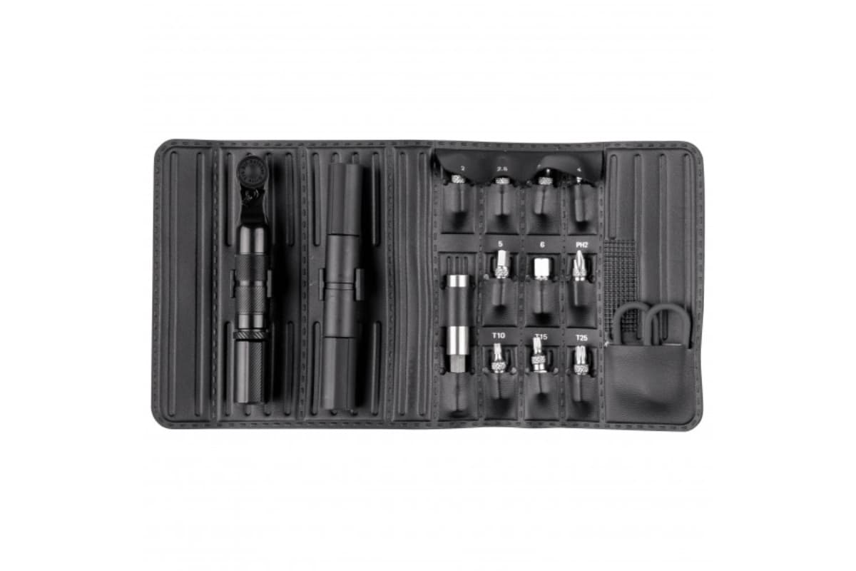 Kit multi-outils Topeak Ratchet’n Roll Pro ouvert avec cliquet et embouts